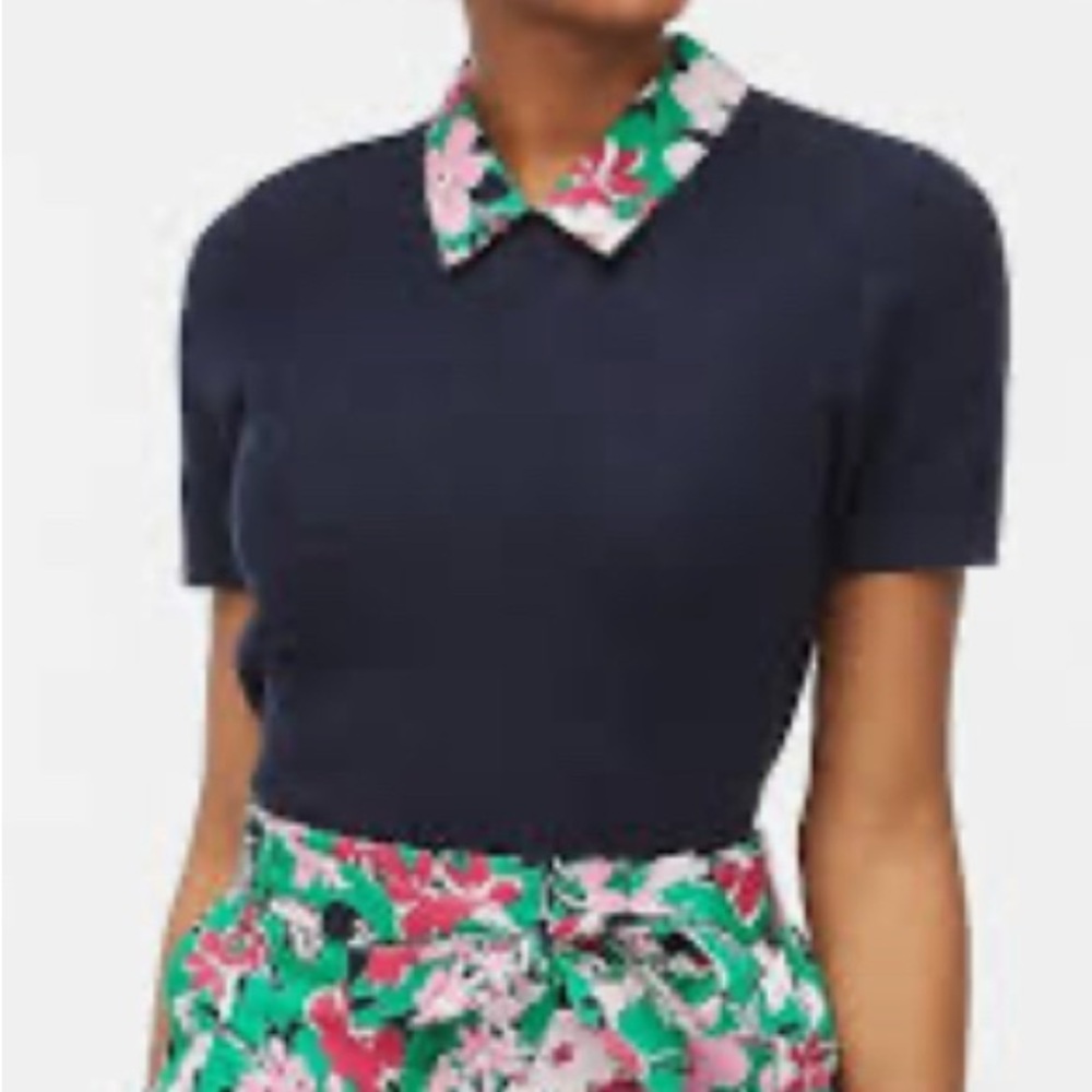 J. Crew Woven Collar Short Sleeve Sweater Navy Floral Print w/ Keyhole Button